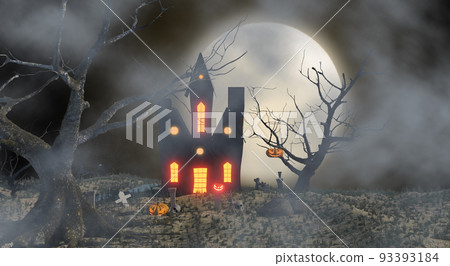 full moon night at grave with black castle, halloween poster design full moon night at grave with black castle, halloween poster design 93393184