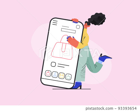 Shopping application - Online shopping and electronic commerce series - modern flat vector concept illustration of a woman with her mobile phone. Promotion, discounts, sale and online orders concept 93393654