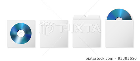 Vector 3d Realistic Blue CD, DVD with Paper Cover, Envelope, Case Isolated. CD Box, Packaging Design Template for Mockup. Compact Disk Icon, Front View 93393656