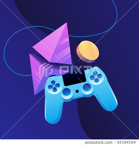 Play to Earn Illustration. Joystick, Rhombus and Cryptocurrency Coins 93394504