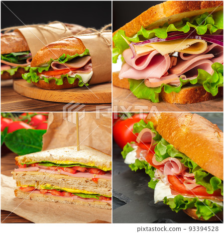Collage of nutritious and colorful mouthwatering sandwiches 93394528