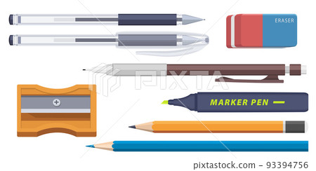 Collection set of staionery marker pen pencil eraser and pencil sharpener 93394756