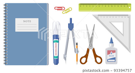 Collection set of school stationery note book scissors ruler glue paper clip and pencil compass 93394757