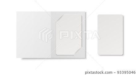 Vector 3d Realistic White Guest Room, Plastic Hotel Apartment Keycard, ID Card, Sale, Credit Card. Design Template with Paper Cover Case, Wallet for Mockup, Branding. Top View 93395046