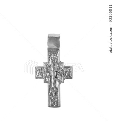 Silver crucifix necklace cross isolated on white background. Silver crucifix necklace cross isolated on white background. 93396011