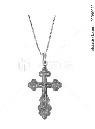 Silver crucifix necklace cross isolated on white background. 93396015