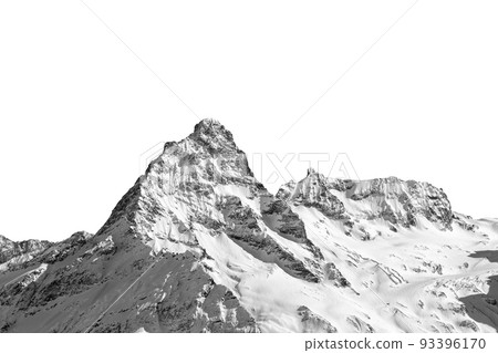 Black and white snowy mountain peak isolated on white background 93396170