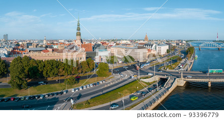 Beautiful aerial view of Riga city, the capital of Latvia. Aerial view of the St. Peter's Church in the center of the old town. Beautiful aerial view of Riga city, the capital of Latvia. Aerial view of the St. Peter's Church in the center of the old town. 93396779