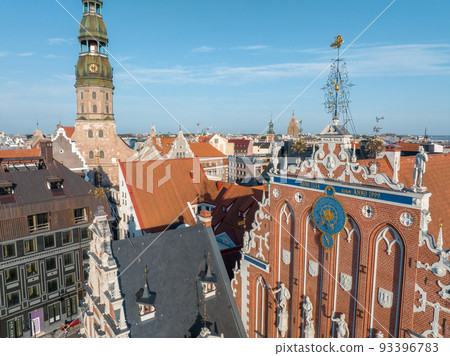 Aerial view of the House of Blackheads in Riga, Latvia. Beautiful summer day in Riga. 93396783