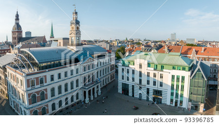 Beautiful aerial view of Riga city, the capital of Latvia. Aerial view of the St. Peter's Church in the center of the old town. Beautiful aerial view of Riga city, the capital of Latvia. Aerial view of the St. Peter's Church in the center of the old town. 93396785