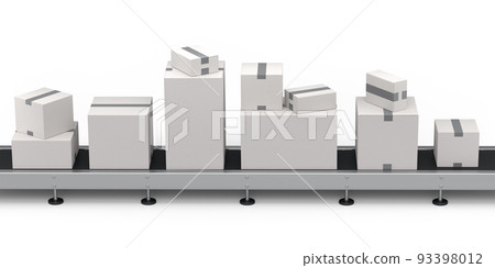 Airport luggage conveyor belt or manufacture line with cardboard boxes on white 93398012