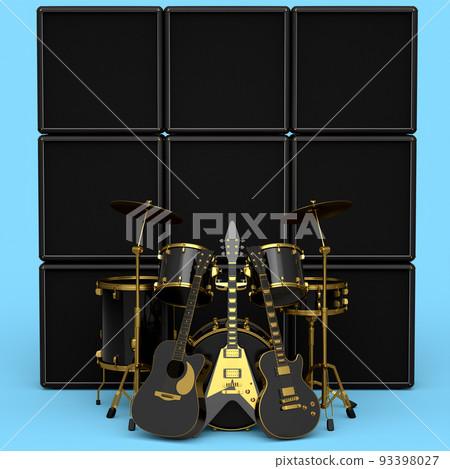 Set of realistic drums with metal cymbals, amplifier and acoustic guitars Set of realistic drums with metal cymbals, amplifier and acoustic guitars 93398027