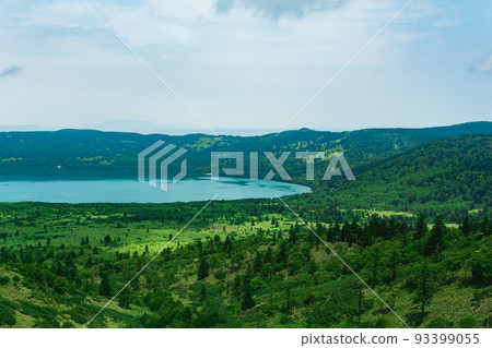natural landscape of Kunashir island, view of the Golovnin volcano caldera with hot lake natural landscape of Kunashir island, view of the Golovnin volcano caldera with hot lake 93399055