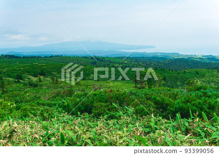 typical landscape of the southern Kuriles, view of Kunashir Island from the slope of Golovnin volcano, Mendeleyev volcano is visible in the distance in the haze typical landscape of the southern Kuriles, view of Kunashir Island from the slope of Golovnin volcano, Mendeleyev volcano is visible in the distance in the haze 93399056