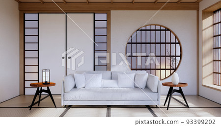 Zen room interior wooden wall on tatami mat floor, low table and armchair.3D rendering 93399202