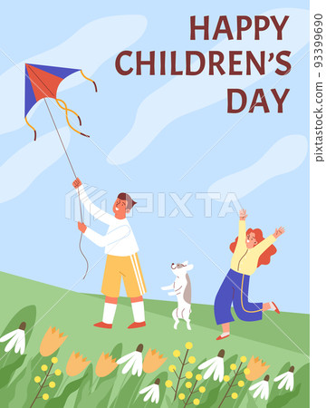 Happy Children's day holiday banner or postcard template flat vector illustration. 93399690