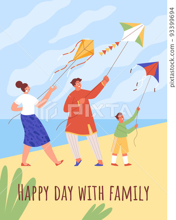 Happy family spending day together and flying kite by the sea, poster template, flat vector illustration. 93399694