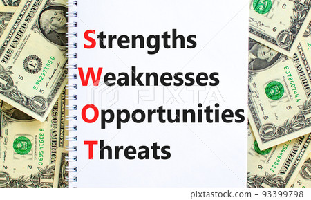 SWOT strengths weaknesses opportunities symbol. Concept words SWOT strengths weaknesses opportunities on note on beautiful dollar background. Business SWOT strengths weaknesses opportunities concept. 93399798