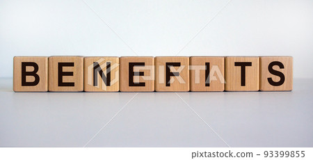 Concept word 'benefits' on wooden cubes on a beautiful white background. Business concept. Concept word 'benefits' on wooden cubes on a beautiful white background. Business concept. 93399855