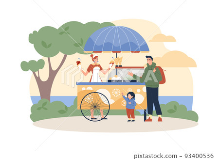 Ice cream van or truck in park with people buying food, flat vector isolated. 93400536