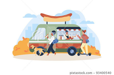 Bus with hot dogs, street market flat style, vector illustration Bus with hot dogs, street market flat style, vector illustration 93400540