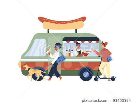 Mobile food market in bus flat style, vector illustration Mobile food market in bus flat style, vector illustration 93400554