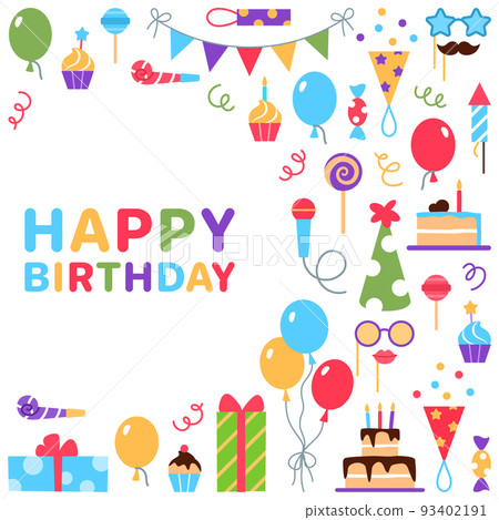 Happy Birthday background. Greeting card invitation concept design with text space. Anniversary celebration holiday event. Festive graphic element birthday cake balloon present hat vector illustration Happy Birthday background. Greeting card invitation concept design with text space. Anniversary celebration holiday event. Festive graphic element birthday cake balloon present hat vector illustration 93402191