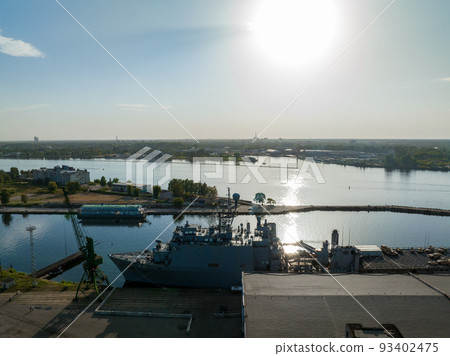 Riga, Latvia.August 23, 2022. Combat ships of NATO countries in the port of Riga during the exercises. Protecting Baltic states with NATO ships.Aerial view. Riga, Latvia.August 23, 2022. Combat ships of NATO countries in the port of Riga during the exercises. Protecting Baltic states with NATO ships.Aerial view. 93402475