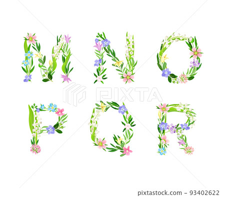 Meadow flowers alphabet. M,N,O,P,Q,R English capital letters made of flowers and green leaves cartoon vector illustration Meadow flowers alphabet. M,N,O,P,Q,R English capital letters made of flowers and green leaves cartoon vector illustration 93402622