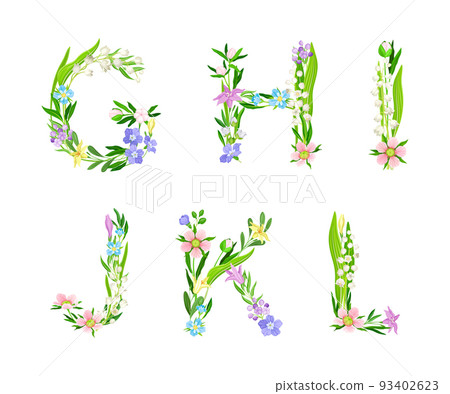 Meadow flowers alphabet. G,H,I,J,K,L English capital letters made of flowers and green leaves cartoon vector illustration Meadow flowers alphabet. G,H,I,J,K,L English capital letters made of flowers and green leaves cartoon vector illustration 93402623