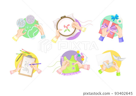 Set of human hands making diy crafts. Set of human hands making diy crafts. Top view of hands drawing, making origami, sewing and embroidering cartoon vector illustration 93402645