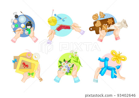 Set of human hands making diy crafts. Top view of hands painting, knitting, decorating cookies and modelling toys from inflatable balloons cartoon vector Set of human hands making diy crafts. Top view of hands painting, knitting, decorating cookies and modelling toys from inflatable balloons cartoon vector 93402646