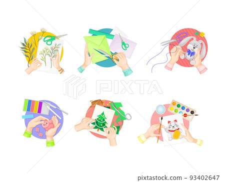 Set of human hands making diy crafts. Persons making herbarium, applique and origami, sewing toys, modeling from plasticine, drawing cartoon vector Set of human hands making diy crafts. Persons making herbarium, applique and origami, sewing toys, modeling from plasticine, drawing cartoon vector 93402647