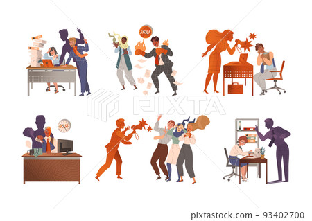Furious boss and stressed staff set. Angry employers scolding frustrated employees flat vector illustration 93402700