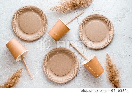 Eco friendly disposable cardboard tableware. Plates, cups and tubes are arranged on a light background. Top view. 93403854