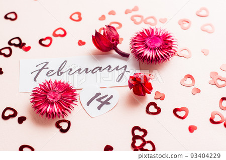 Valentine's Day. Date of February 14 and dry flowers on a pink background strewn with hearts. Close-up Valentine's Day. Date of February 14 and dry flowers on a pink background strewn with hearts. Close-up 93404229
