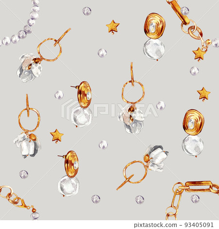 Watercolor illustration of fashion. Seamless pattern with gold jewelry with baroque pearls. Necklace with river baroque pearls, pearl earrings, bracelet, pendants. Handmade watercolor illustrations. Watercolor illustration of fashion. Seamless pattern with gold jewelry with baroque pearls. Necklace with river baroque pearls, pearl earrings, bracelet, pendants. Handmade watercolor illustrations. 93405091
