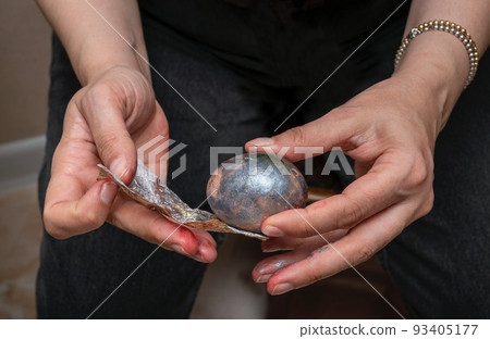 Close-up of white-skinned female hands holding foil and a dark-colored chicken egg in the process of making Easter decorations for the holiday 93405177