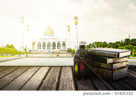 lighted Lantern style Arab or Morocco vintage and Quran Koran mosque background lighted Lantern style Arab or Morocco vintage and Quran Koran mosque background 93405310