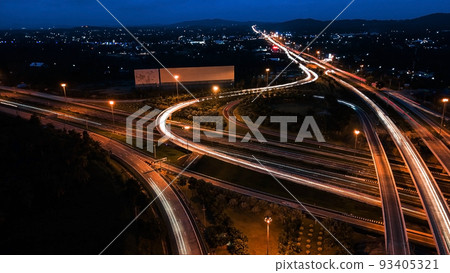 over Road city highway at night - Bird eye viwe - drone -Top view 93405321