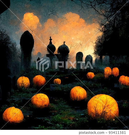 Pumpkins in the graveyard, spooky night, 3d Illustration 93411381