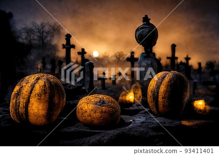 Pumpkins in the graveyard, spooky night, 3d Illustration 93411401