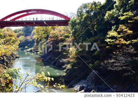群馬縣綠市 秋葉和渡瀨川高松峽上的高松橋 93412423