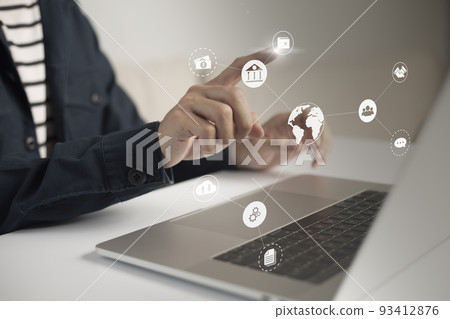 Businessman touches virtual screen technology to do online transactions via internet Connect data to the world. concept of global data connection by internet technology, big data system. 93412876