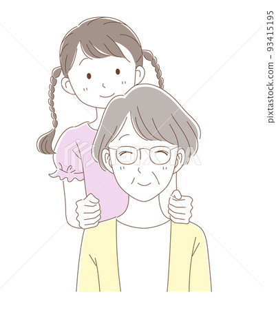 Grandson tapping grandma's shoulder Grandson tapping grandma's shoulder 93415195