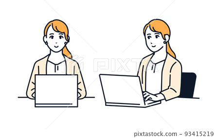 一個穿著西裝的女人操作筆記本電腦的矢量圖解材料 93415219