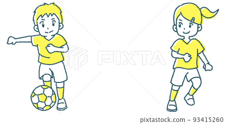 boy and girl kicking a soccer ball 93415260