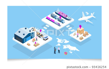 3D isometric concept of Global logistic network and Smart Logistics with Delivery, transport, export, import, cargo and more. 93416254
