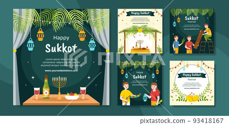 Jewish Holiday Sukkot Social Media Post Template Hand Drawn Cartoon Flat Illustration 93418167