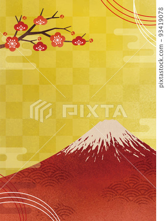 紅富士和李子和金葉背景日本圖案水彩垂直 紅富士和李子和金葉背景日本圖案水彩垂直 93419078